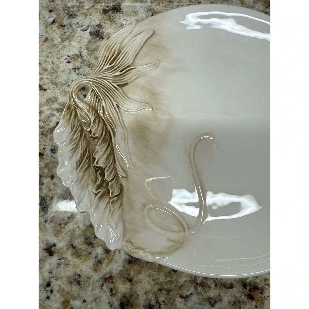 Fitz and Floyd Carrington Salad Plate Cream Taupe Embossed Leaf Ribbon Ceramic‎